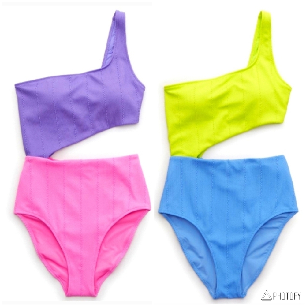 2 NWT Women's Aerie American Eagle Asymmetrical Swimsuit Pink Purple Blue Yellow